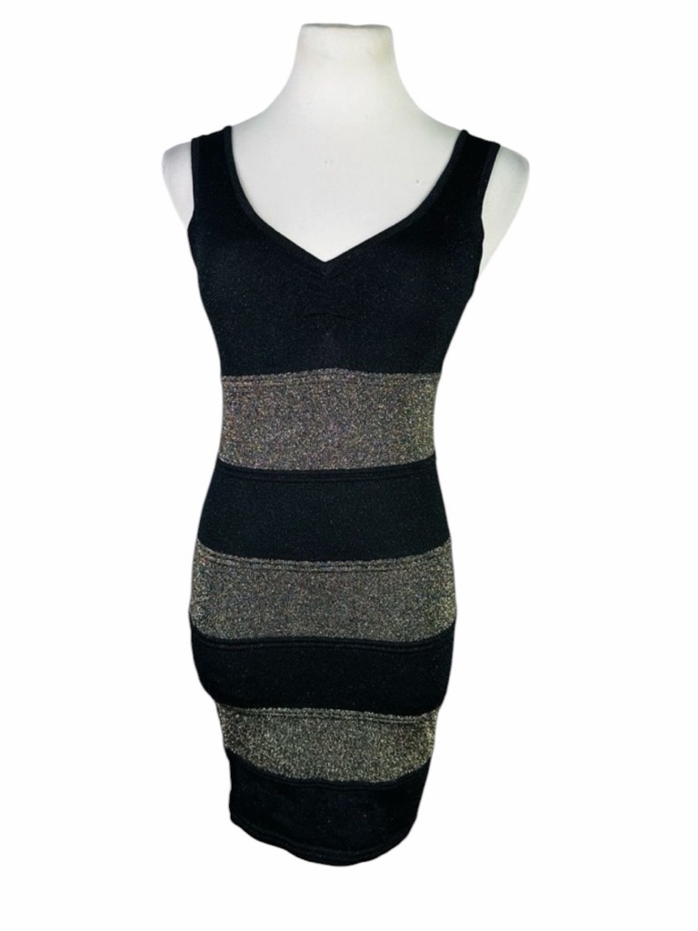 10/25🦋 Forever 21 Black & Gold Metallic Striped Bodycon Midi Dress - Size Medium